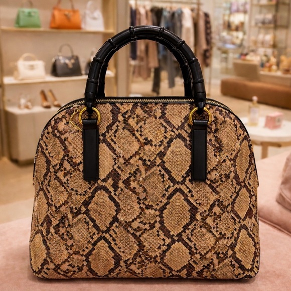 Trendy Snake Print Handbag with Custom Black Faux Bamboo Handles - Picture 2 of 4